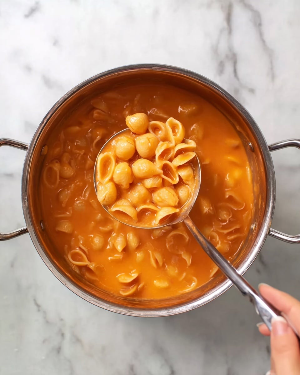 The image shows a wooden surface with fresh cooking ingredients arranged neatly on it. In the top center is a clear glass measuring cup filled with small, light yellow pasta shells. To the right of the pasta is another clear glass measuring cup filled with a light golden broth with some herbs and spices visible inside. Below the pasta and broth, there is a bunch of four bright red tomatoes still attached to their green vine, a bulb of garlic with a couple of cloves visible, and a whole light brown onion with its dry outer skin and root end still attached. Photo taken with an iphone --ar 4:5 --v 7