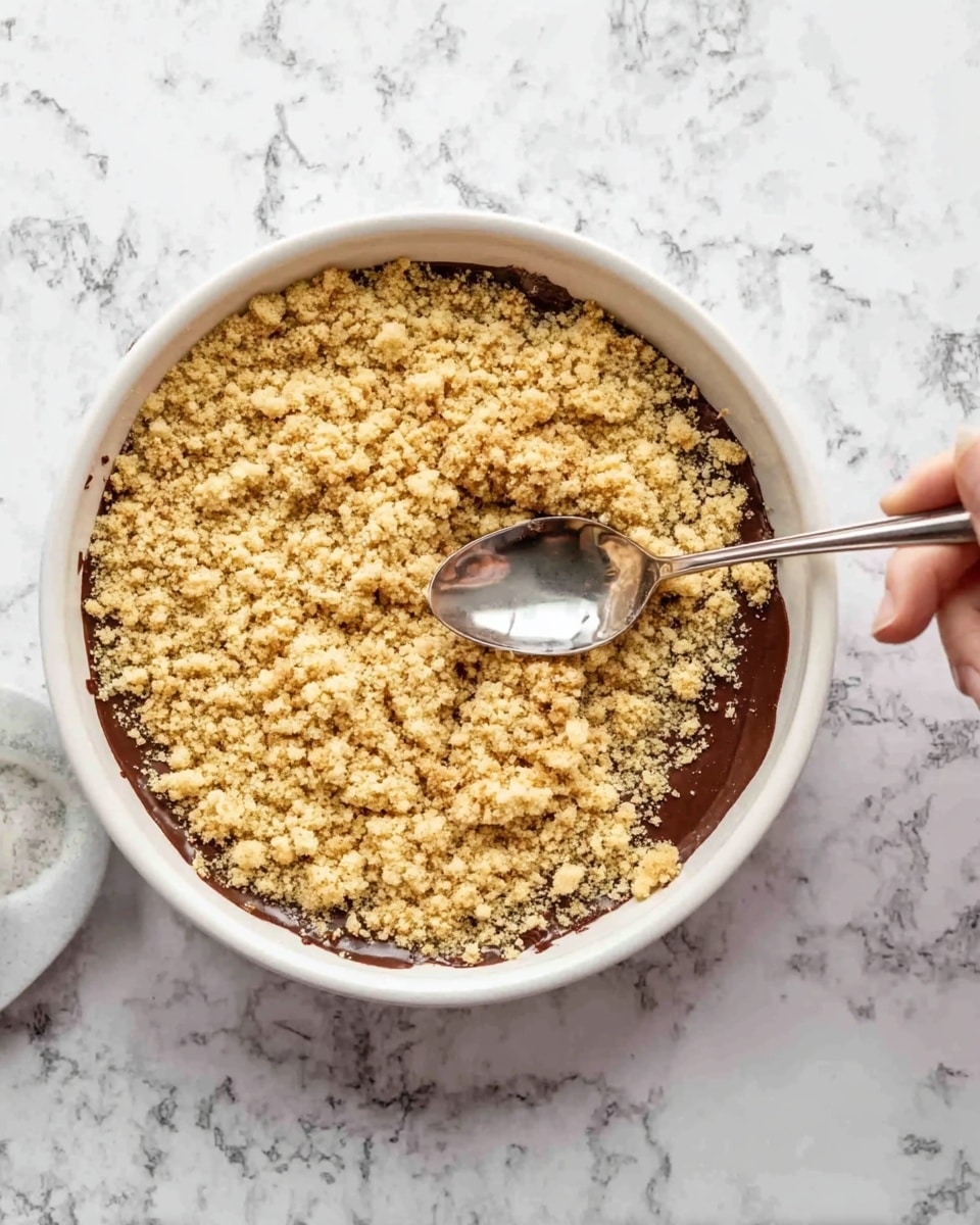 This image shows a white round dish filled with warm, dark brown chocolate pudding that looks rich and thick, with a slightly cracked surface. On top of the pudding, there are two scoops of pale cream-colored vanilla ice cream, starting to melt around the edges, creating soft white pools blending into the dark pudding. A silver spoon is scooping up a portion of the pudding from the lower left side, revealing the moist texture inside. The dish rests on a white marbled surface, adding a clean and bright contrast to the dark dessert. photo taken with an iphone --ar 4:5 --v 7
