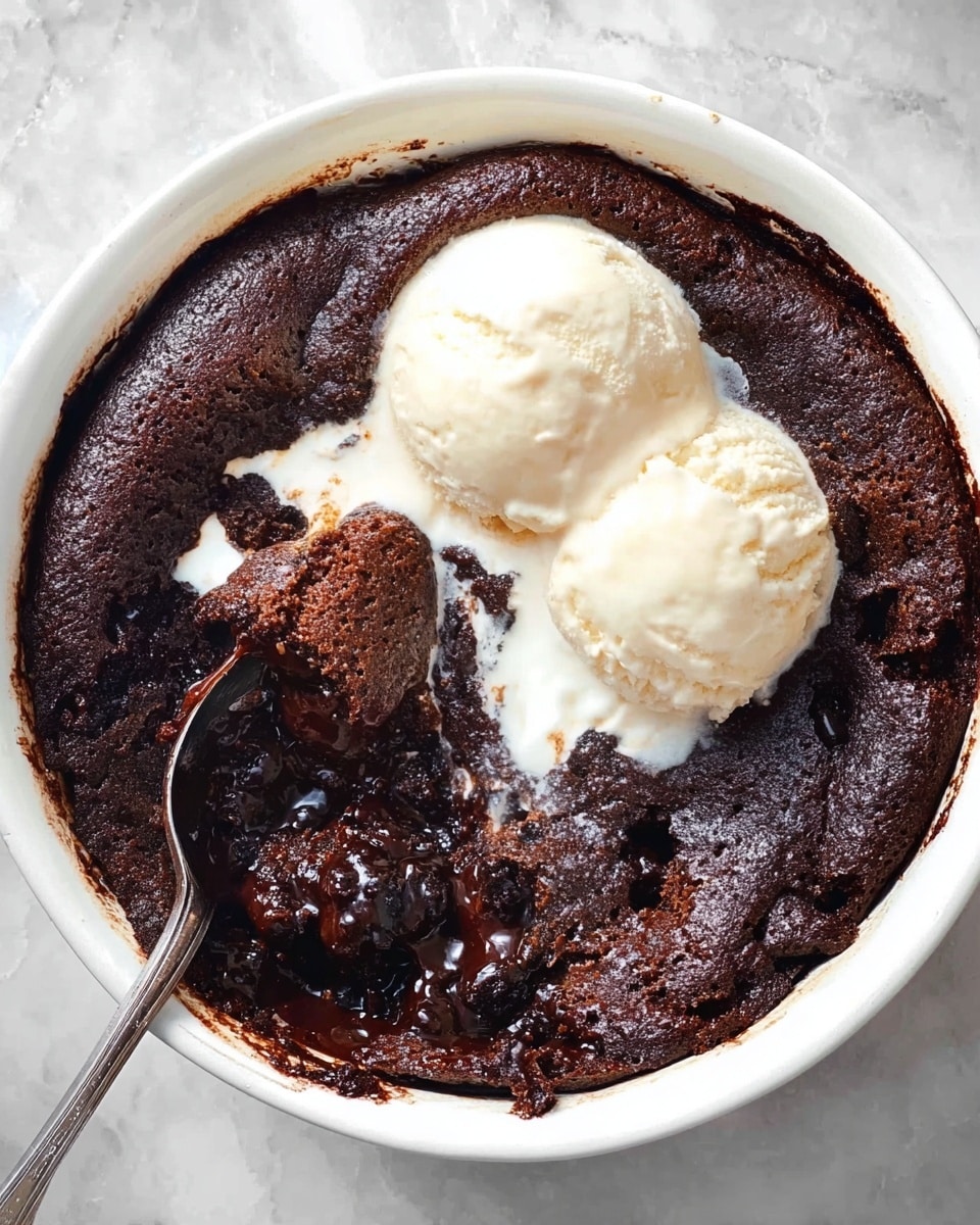 A white round dish holds a warm chocolate dessert with a rough, moist texture and melted chocolate pockets. On one side of the dessert, there is a single scoop of pale cream-colored ice cream. A spoon lifts a chunk of the rich chocolate dessert above the dish, showing its dense, soft inside with shiny dark chocolate pieces. The dish rests on a soft, textured gray cloth, and the whole scene is set on a white marbled surface with a bright, clean background. photo taken with an iphone --ar 4:5 --v 7