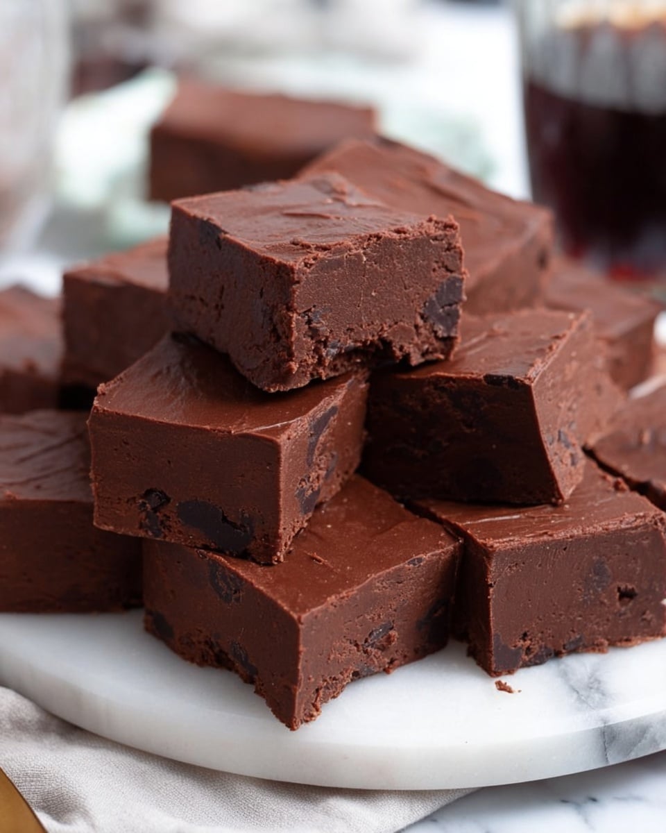 A stack of five thick square pieces of chocolate fudge sits on a white plate with a white marbled surface below. Each fudge layer is smooth and light brown with a dense, creamy texture, and dark raisins or small fruit pieces are scattered inside, visible on the sides. The fudge pieces are stacked unevenly, with the top piece slightly tilted and the bottom piece resting flat on the plate. In the background, more fudge pieces are visible, softly blurred against a bright white background. photo taken with an iphone --ar 4:5 --v 7