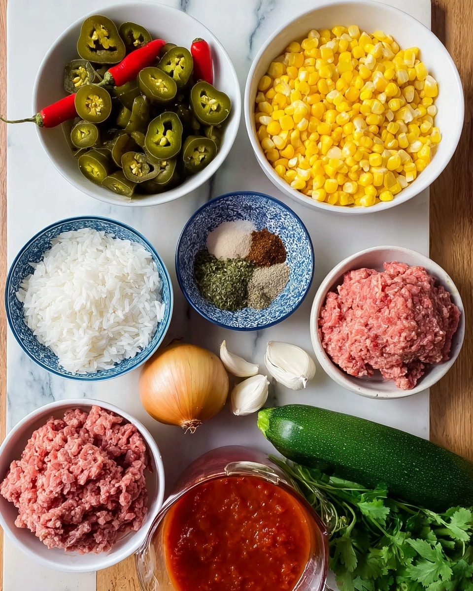 The image shows several bowls and fresh ingredients on a white marbled surface. There are six containers and three fresh items arranged neatly. A white bowl holds sliced pickled jalapeños in green and red colors. A white bowl is filled with bright yellow corn kernels. Another white bowl contains a mix of green, brown, and red dried spices. A small blue and white bowl is filled with white cooked rice. A larger white bowl holds raw ground meat in a pinkish color. A clear glass measuring cup contains chunky red tomato sauce. Around the bowls, there is a whole yellow onion, three cloves of garlic, a bunch of fresh green cilantro, and a green zucchini. The photo taken with an iphone --ar 4:5 --v 7