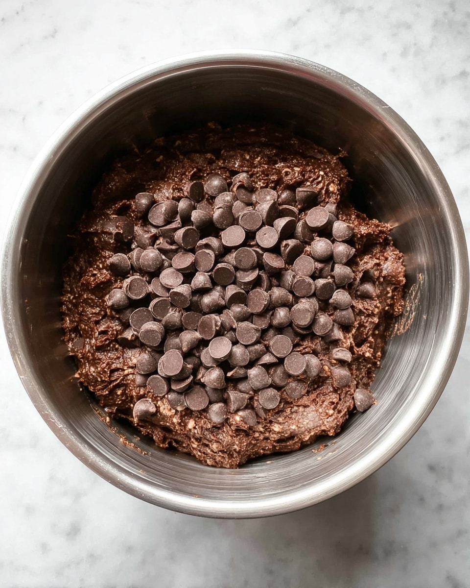 Inside a large metal mixing bowl sits a thick, dark brown chocolate dough that looks rich and textured with bits of lighter ingredients mixed in. On top, there is a generous layer of smooth, round, dark brown chocolate chips scattered evenly across the dough’s surface. The bowl rests on a white marbled texture, adding a clean, bright background to the dark colors inside the bowl. photo taken with an iphone --ar 4:5 --v 7