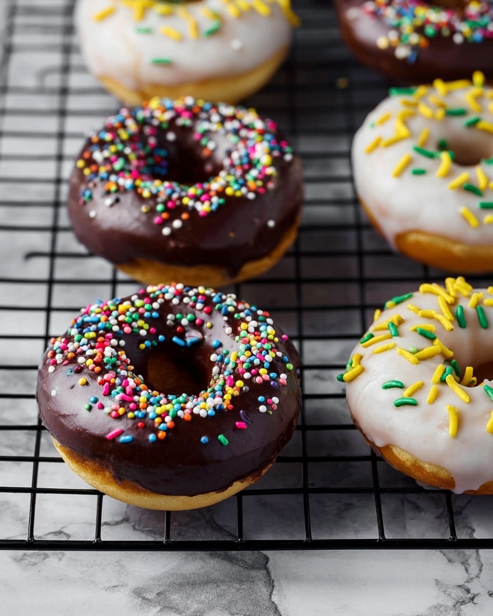 Six donuts with two styles of icing rest on a black wire rack over a white marbled surface. Three donuts have a smooth dark chocolate layer topped with colorful round and stick sprinkles, covering the whole top evenly. The other three have a white glaze topped with yellow, green, and brown stick-shaped sprinkles. The donuts have a soft, round shape with a hole in the center and a shiny glaze that gives them a fresh look. The focus is clear and sharp on the front two donuts, showing details of the sprinkles and glaze texture. photo taken with an iphone --ar 4:5 --v 7