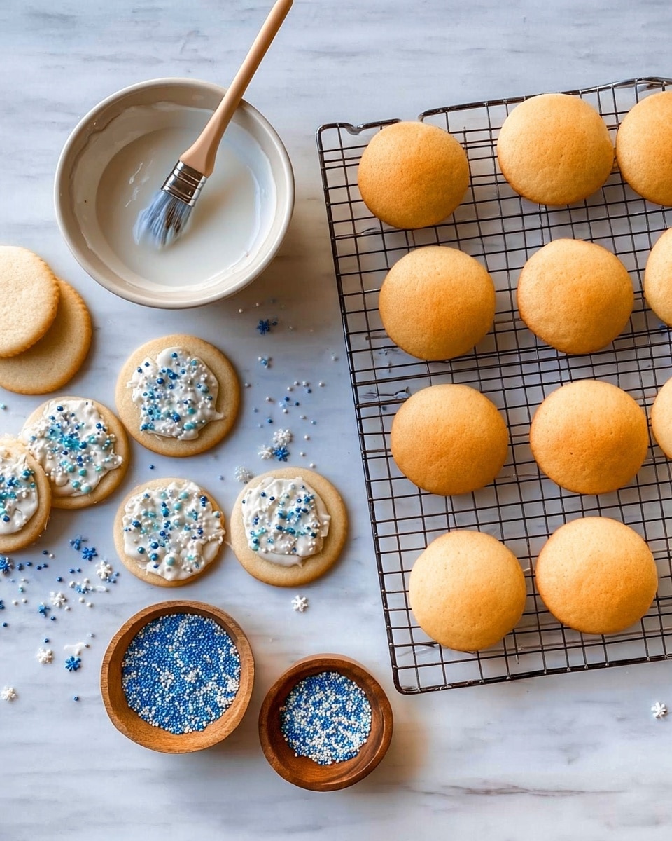 The image shows a cooling rack holding three rows of golden brown round cookies, each with a soft, smooth texture. To the left of the rack, a white bowl filled with white icing sits with a paintbrush resting inside it. Around the bowl are scattered plain cookies and three iced cookies, each topped with white icing and decorated with small blue and white sprinkles shaped like snowflakes and dots. Two small wooden bowls containing more blue and white sprinkles add extra color and texture to the scene. The whole setup is on a white marbled surface. Photo taken with an iphone --ar 4:5 --v 7