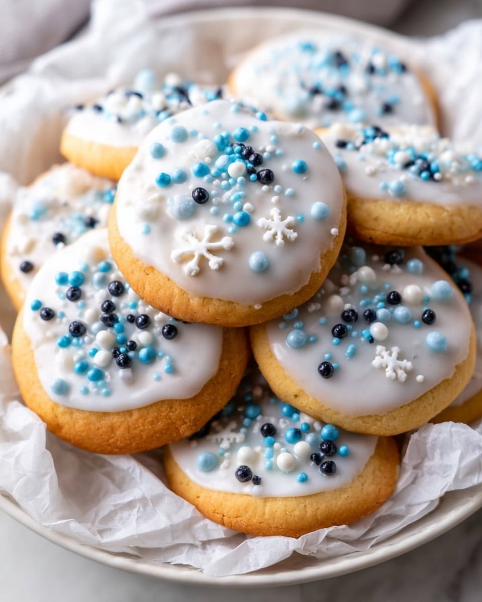 A close-up of multiple round cookies stacked on a white plate lined with crinkled white paper, each cookie having a golden-brown base layer topped with a smooth white icing layer. The icing is decorated with small spherical sprinkles in light blue, dark blue, black, and white colors, along with larger white snowflake-shaped sprinkles evenly scattered across the surface. The plate is placed on a white marbled texture background. photo taken with an iphone --ar 4:5 --v 7