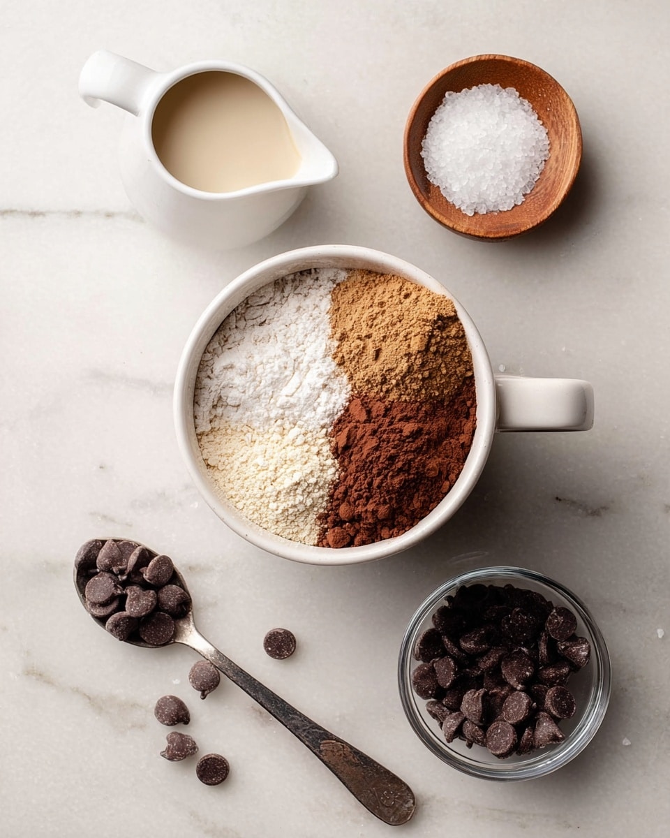 A single white cup filled with a warm, dark chocolate cake with a rough, slightly cracked top layer that is rich brown. Several melted, shiny chocolate drops melt over the surface with a few small flakes of white salt scattered on top. The cup sits on a white plate with a textured rim, with a few dark chocolate chips lying on the plate. A silver spoon with a detailed handle is pushed into the cake near the center. The background is a white marbled texture, with a white cloth partially visible on one side. Photo taken with an iphone --ar 4:5 --v 7