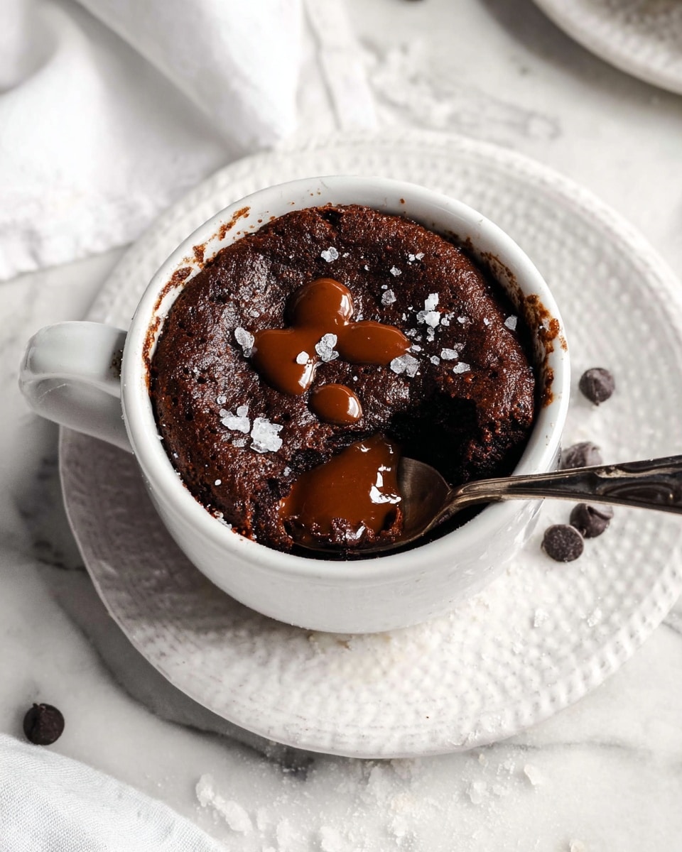 A close-up of a white mug filled with a single thick layer of dark chocolate cake with a rough, soft texture, topped with shiny melted chocolate spots and scattered flakes of sea salt. A vintage silver spoon stands upright inside the mug, slightly sunk into the cake, showing some melted chocolate on its side. The mug sits on a white plate with chocolate chips around it, all placed on a white marbled surface with a blurred white cloth in the background. photo taken with an iphone --ar 4:5 --v 7