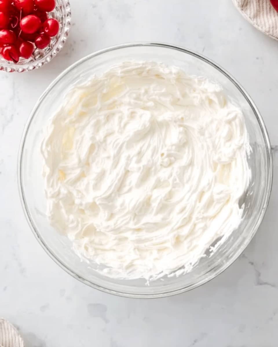 A slice of creamy pie with three visible layers sits on a pale blue plate: a crumbly light brown crust at the bottom, a thick pale yellow filling in the middle, and a fluffy white cream layer on top, decorated with toasted coconut flakes and a bright red cherry with a stem. The background shows a white pie dish filled with more of the same pie, topped with whipped cream and red cherries, resting on a white marbled surface with a yellow and white checkered cloth nearby. Photo taken with an iphone --ar 4:5 --v 7