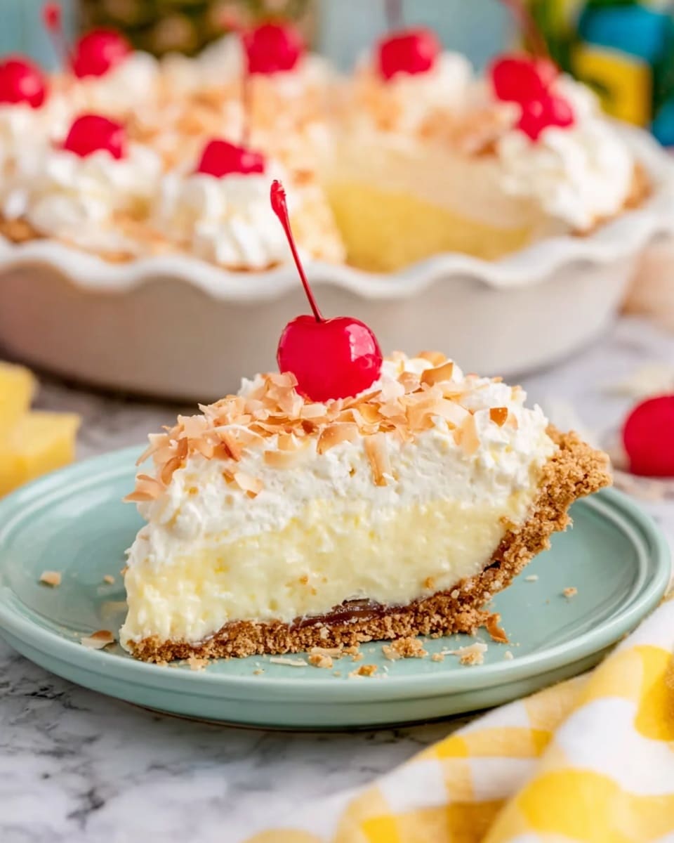 A round pie in a white bowl with a scalloped edge, filled with smooth, white cream and topped with evenly spread toasted coconut in the center. Around the edge, there is a ring of white cream swirls, each topped with a bright red cherry and small pieces of yellow pineapple. The pie sits on a wooden table with scattered toasted coconut sprinkled around. Nearby, there is a small round dark brown bowl filled with toasted coconut and two gold forks crossed next to it. A pink flower and a yellow bowl of bright red cherries are also visible in the background on the white marbled surface. photo taken with an iphone --ar 4:5 --v 7