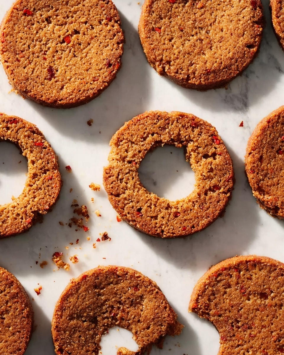The image shows several round, flat cookies with a rough, crumbly texture and a golden-brown color. They are closely placed on a white marbled surface where some cookies are incomplete, with circular spaces left where cookies were just pressed out. Small reddish bits are visible inside the cookies, giving them a slightly speckled look. Shadows and crumbs around the cookies add depth and detail. photo taken with an iphone --ar 4:5 --v 7
