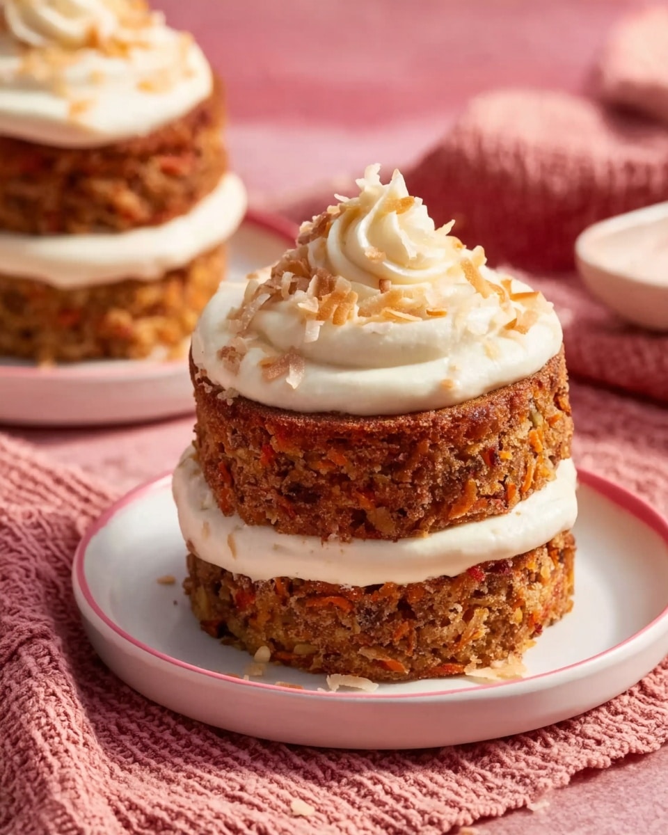 The image shows four small carrot cake sandwiches on a white plate placed on a white marbled surface. Each sandwich has three layers: two light brown carrot cake circles with visible small orange and nut pieces make the top and bottom layers, while a thick, creamy white frosting holds the layers together in the middle, as well as a thick dollop of the same frosting swirled on the top of each sandwich. The texture of the cake looks soft and crumbly. Photo taken with an iphone --ar 4:5 --v 7