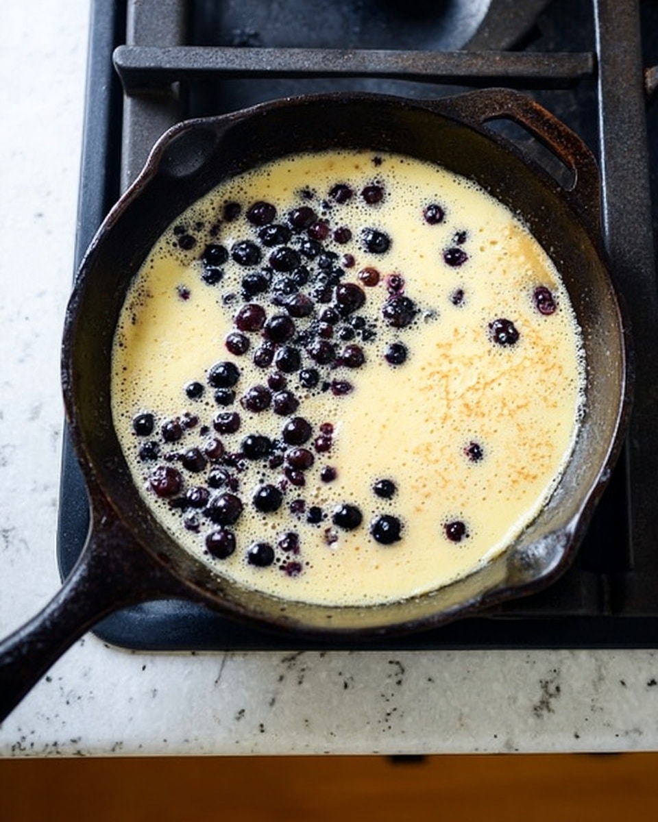A black cast iron pan on a gas stove holds a single pancake cooking. The pancake batter is light yellow with a smooth texture, covering the pan evenly. Small dark blueberries are scattered on top, some partially sunk into the batter, creating spots of dark blue and purple. The edges of the pancake are still soft and slightly bubbly, with a hint of light brown starting to form near the blueberries. The stove burner and the surrounding area show signs of use, with some baked-on stains on the white marbled surface beneath. Photo taken with an iphone --ar 4:5 --v 7
