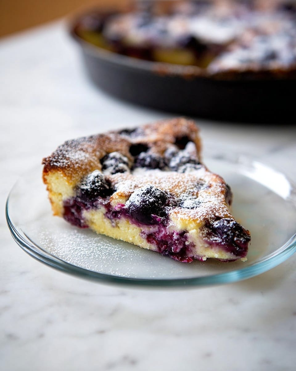 A cast iron pan inside an oven holds a baked dish with a golden brown surface. The top layer is puffed and lightly browned with patches of bright purple blueberries spread evenly throughout. The edges of the dish are slightly raised and darker in color, showing a crispy texture. The pan sits on the metal oven rack, and the background reveals the oven's dark interior with silver horizontal bars. photo taken with an iphone --ar 4:5 --v 7