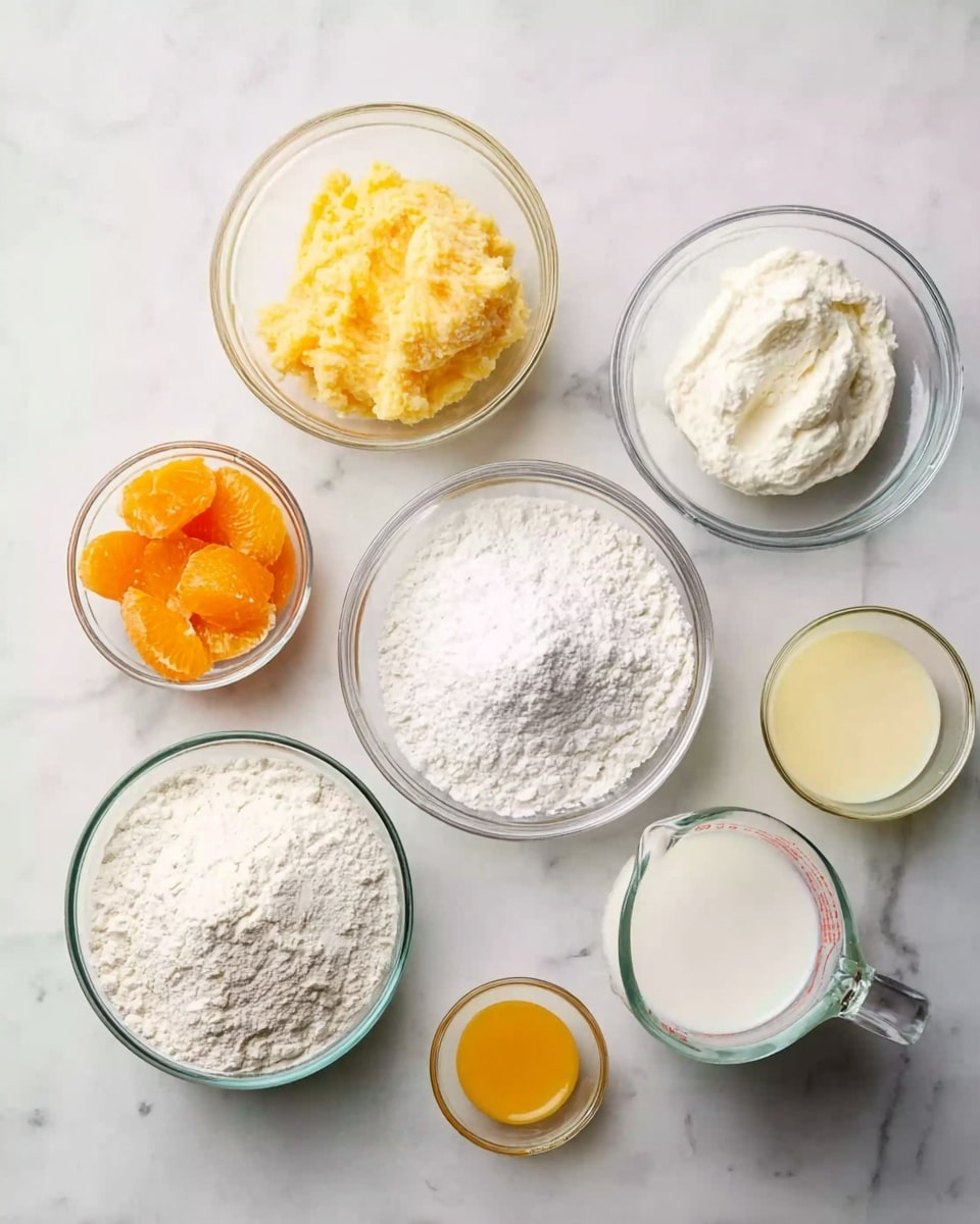 This image shows several clear glass bowls arranged on a white marbled surface, each containing different baking ingredients. Starting from the top left, there is a bowl with a yellowish mashed texture, next to it is a smaller bowl filled with white powder. To the top right, there is a bowl with a creamy white substance. Below these, near the center, there is a larger bowl filled with white flour. To its left, there is a smaller bowl with bright orange segments. To the right of the flour bowl, there is a glass measuring cup filled with white liquid, and next to it is another measuring cup filled with a yellowish liquid. At the bottom middle, there is another bowl filled with white powder. The whole setup is neat, clear, and bright. photo taken with an iphone --ar 4:5 --v 7