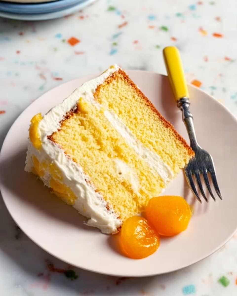 The image shows a two-layer round cake with smooth white frosting on the sides and top, decorated with bright orange mandarin slices arranged in a circle along the top edge. The inside of the cake is golden brown with a moist texture. The cake sits on a clear glass plate placed on a white marbled surface. Next to the cake is a stacked set of white plates with yellow-handled fork and knife, a woman's hand holding a cake server with a yellow handle, and two clear glasses filled with a yellow drink. A blue cloth is partially visible near the bottom right of the image. Photo taken with an iphone --ar 4:5 --v 7