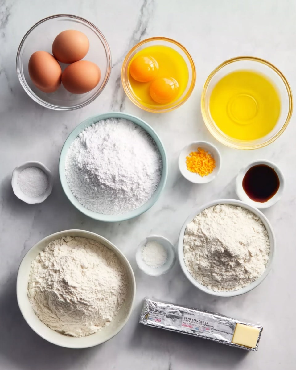 A collection of baking ingredients arranged on a white marbled surface shows six glass and white bowls. One small glass bowl holds two whole brown eggs in the top left, another small glass bowl contains two bright yellow egg yolks below it. A medium white bowl in the middle contains a large amount of white powdered sugar with a mound in the center. A small glass bowl in the top middle holds a yellow melted butter liquid. On the right, a medium white bowl is filled with pale white flour with a small mound in the center, next to a smaller white bowl with a smaller mound of flour. A rectangular silver stick of butter wrapped in foil is placed below the powdered sugar bowl. Small piles of salt, orange zest, and dark vanilla extract are also visible, arranged neatly. photo taken with an iphone --ar 4:5 --v 7