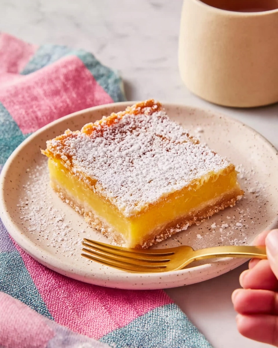 A square piece of lemon bar with a bright yellow filling and a light brown crust on the bottom sits on a white plate. The top of the lemon bar is dusted with powdered sugar, creating a light white layer that softens the yellow color. The crust looks slightly crumbly and firm, adding texture contrast. A gold fork rests on the side of the plate, with a woman's hand holding it gently. The plate is placed on a white marbled surface beside a pink and blue checkered cloth and a light beige ceramic mug. photo taken with an iphone --ar 4:5 --v 7