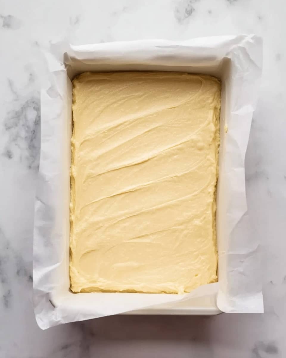 A white rectangular baking tray lined with white parchment paper is filled with a smooth, pale yellow batter spread evenly on top, covering the entire surface. The batter has a slightly creamy texture with soft, gentle swirls and a few light marks from smoothing. The tray sits on a white marbled surface. photo taken with an iphone --ar 4:5 --v 7