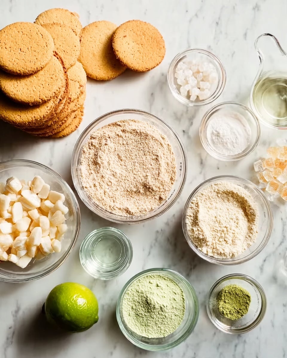 The image shows a white marbled surface with several clear glass bowls and a small measuring cup arranged neatly. From left to right, the bowls contain stacked golden round cookies, a large amount of light brown powder, small white chips, and an orange jelly-like substance. There are also smaller bowls holding a green powder, a white granular substance, and a finer greenish powder. On the surface near the cups, there is a whole green lime and a small glass bowl with clear liquid. The lighting is bright, making all the ingredients look fresh and ready to use. photo taken with an iphone --ar 4:5 --v 7