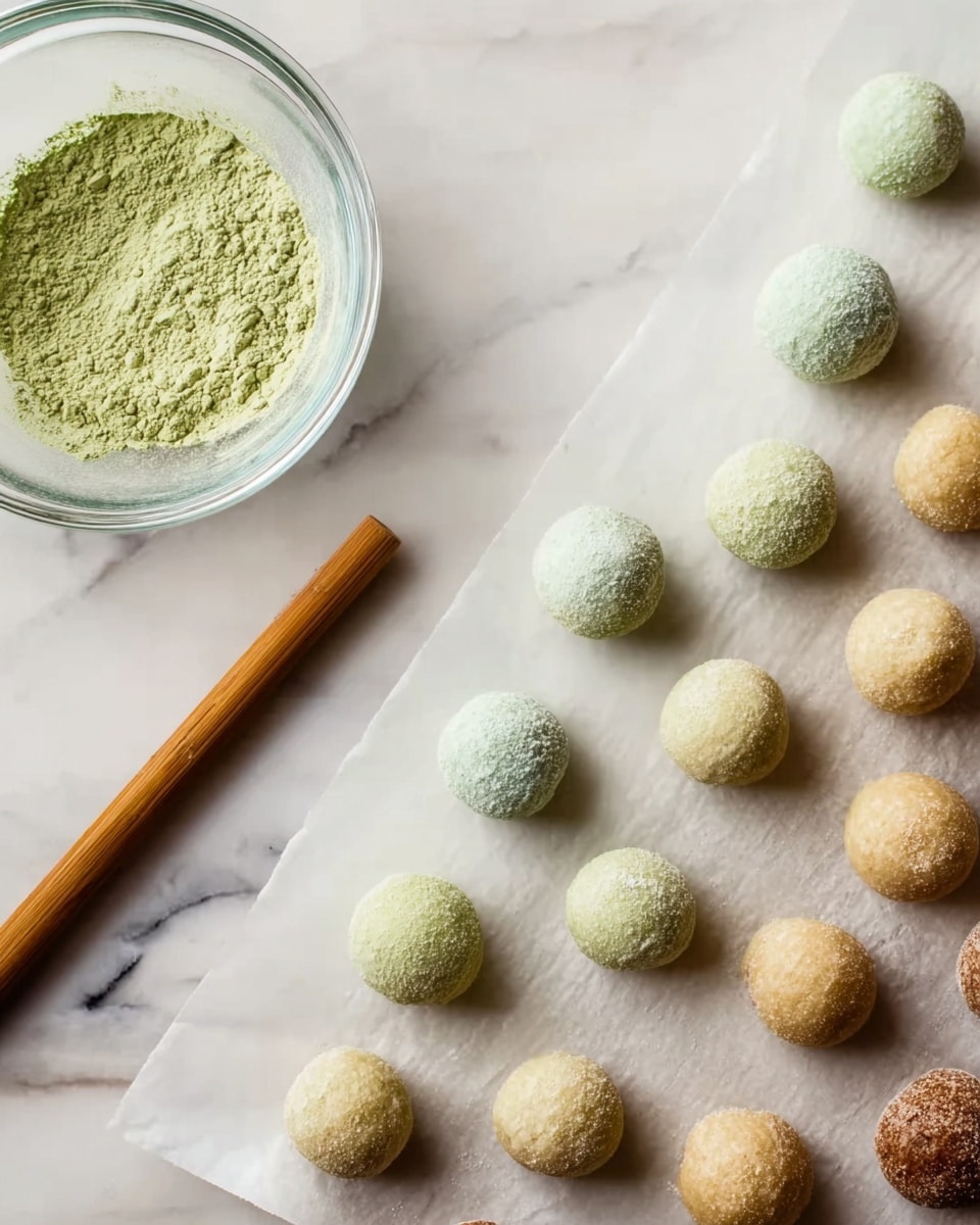 The image shows a white tray filled with about 25 round dough balls arranged in neat rows. Each dough ball is light brown with a rough texture, covered in a fine layer of white powder. In the bottom left corner, a white plate holds one dough ball, while the edge of another white plate with a dough ball can be partially seen at the top left. The tray is placed on a soft green cloth that spills onto a white marbled surface below. The light on the dough balls gives them a slightly shiny, fresh look. photo taken with an iphone --ar 4:5 --v 7