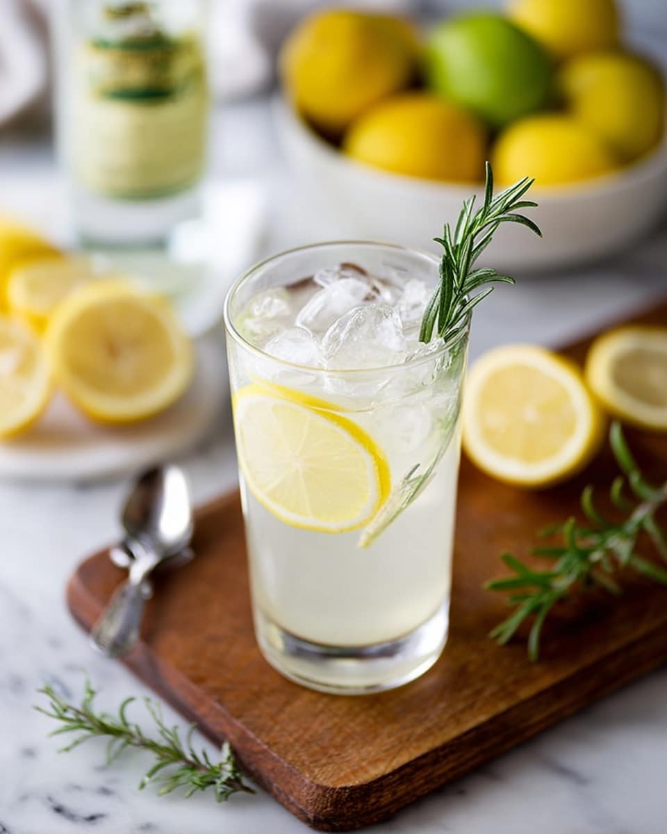 A clear glass filled with multiple ice cubes holds a pale, slightly cloudy lemon drink. Inside the glass, a bright yellow lemon slice is positioned near the front, and a green rosemary sprig rests alongside it. The glass sits on a wooden surface with fresh lemon slices and a sprig of rosemary nearby. In the background, a white bowl filled with whole lemons and a clear glass with ice are softly blurred. The background surface is a white marbled texture. Photo taken with an iphone --ar 4:5 --v 7