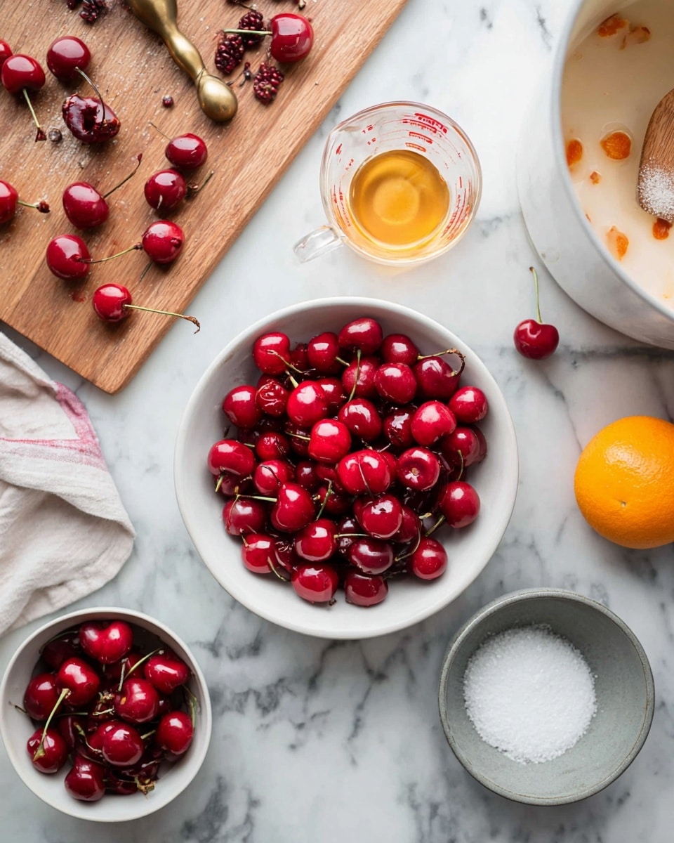 The image shows a white bowl in the center filled with bright red cherries that are pitted, smooth, and shiny. Above it is a wooden cutting board with more cherries, some pitted and others whole, along with a cherry pitter. To the left, a small white bowl holds fresh whole cherries with stems. Near the top center, there's a clear glass measuring cup filled with a golden liquid, while to the right, a gray bowl contains white sugar with a gold spoon resting on top. In the upper right corner, a large white pot has a few orange peels inside. The background is a white marble surface with gray veins running through it. Photo taken with an iphone --ar 4:5 --v 7