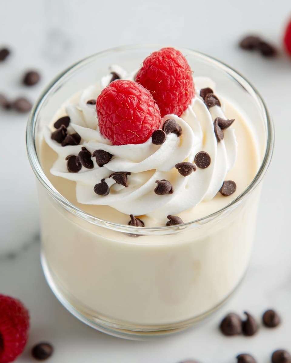 The image shows three clear glass cups filled with a smooth, pale cream dessert. Each cup has a layer of white whipped cream on top arranged in a wavy pattern near the edge. Scattered over the whipped cream and cream layer are small dark chocolate chips, adding contrast. Near the whipped cream on each cup are two bright red raspberries resting on the cream surface. The cups are placed on a white marbled texture surface with a few loose raspberries and chocolate chips around them. There are also two golden spoons lying near the desserts, enhancing the setting. Photo taken with an iphone --ar 4:5 --v 7