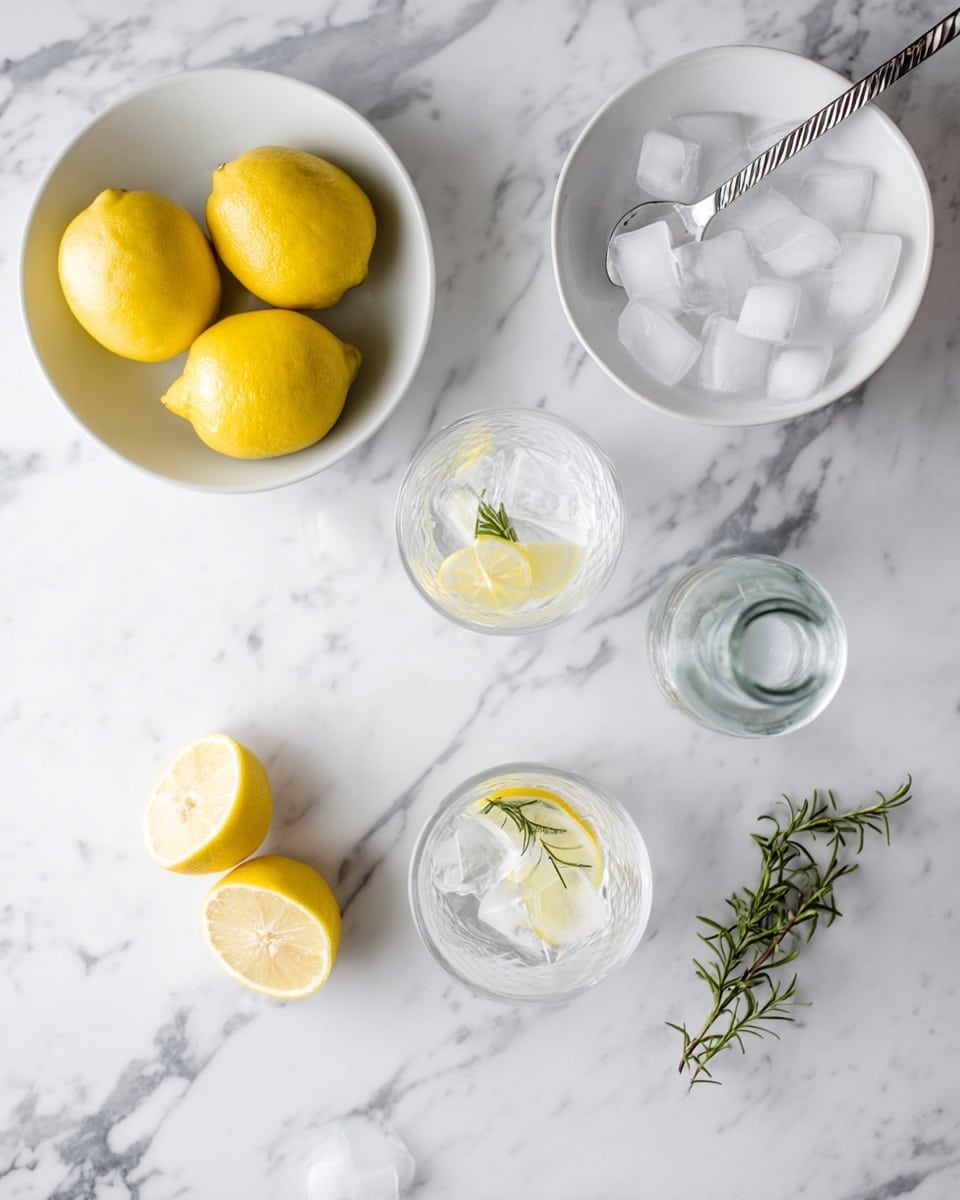 The image shows a white marbled surface with several items arranged on it. There is a white bowl filled with large ice cubes near the top right, beside it a spoon with a twisted handle. To the left, a white bowl holds four whole yellow lemons. Two lemon halves are placed on the marble surface towards the bottom left. Two clear glasses are positioned near the center and right, each filled with ice cubes and a slice of lemon floating on top. One glass also has a small green sprig, likely rosemary, inside. A longer green rosemary sprig lies diagonally along the bottom right corner. A small clear glass bottle with water is behind the lemon bowl. The setup looks fresh and minimal. photo taken with an iphone --ar 4:5 --v 7