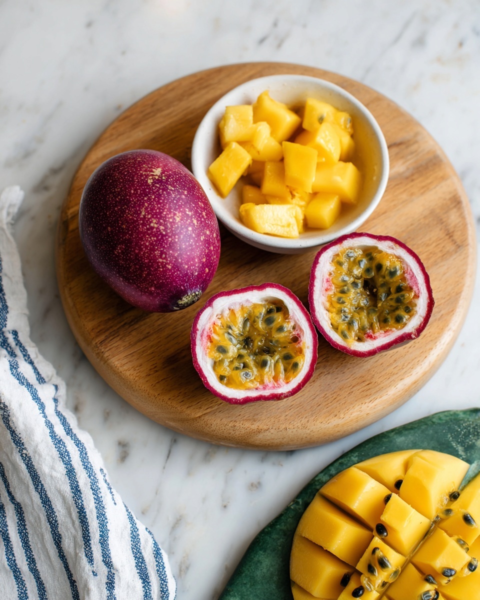 No-Bake Cremora Tart Squares with Granadilla Recipe 4 A round wooden board sits on a white marbled surface. On the board, there is one whole purple passion fruit with a slightly rough texture, a small white bowl full of bright yellow mango cubes, and two halves of a passion fruit showing their yellow pulp and black seeds inside with white inner edges. Below the board on the marbled surface, there is one more half passion fruit facing up with the same yellow pulp and black seeds. The bottom right corner shows part of a green and wooden board with a slice of yellow fruit topped with black seeds. A cloth with blue and white stripes is partially visible on the left side. Photo taken with an iphone --ar 4:5 --v 7