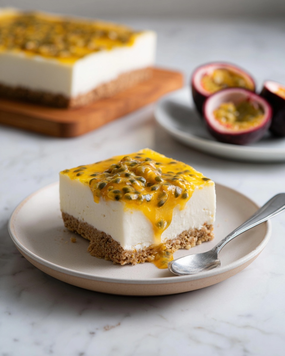 No-Bake Cremora Tart Squares with Granadilla Recipe 5 A square-shaped dessert is shown on a round board with dark green and wood colors. The dessert has two main layers: the bottom layer is white and creamy, and the top layer is a yellow passion fruit sauce with many black seeds spread all over it. Around the dessert, there are a few red raspberries placed on the marble surface. To the top left, halved passion fruits and a bowl of cubed yellow mango sit on a wooden board. Near the top right, three gray plates are stacked with three black forks on top. A silver knife rests on the marble surface next to the board. The whole scene is set on a white marbled texture. photo taken with an iphone --ar 4:5 --v 7