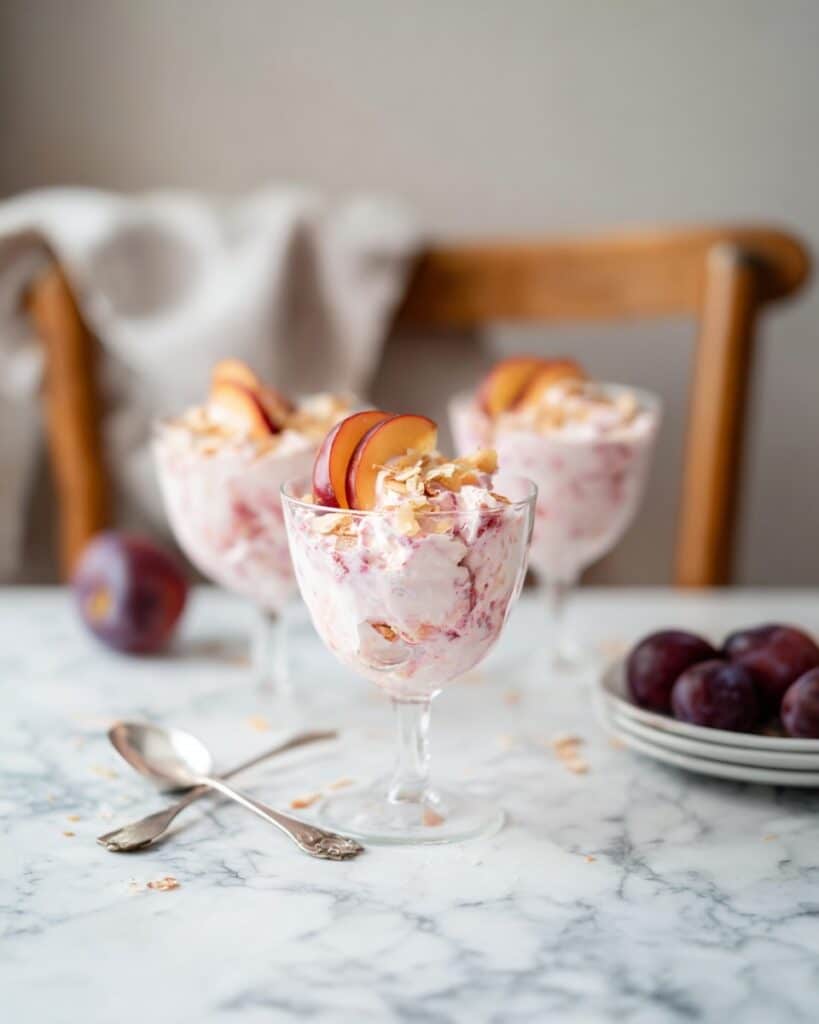 Roasted Plum Eton Mess with Toasted Almonds Recipe