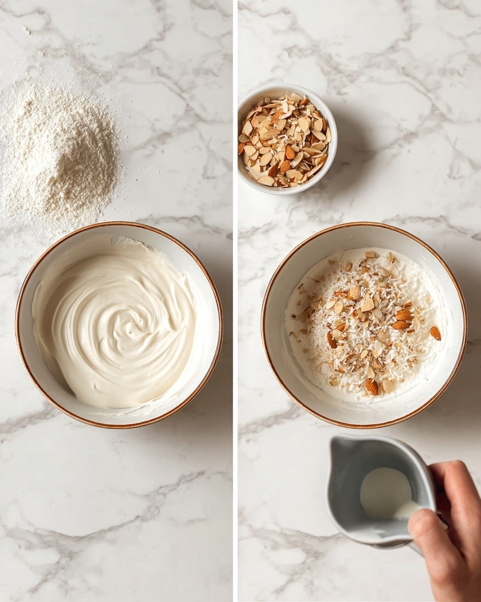 The image shows two side-by-side photos on a white marbled surface. Both photos feature a white bowl with a light brown rim. In the left photo, the bowl contains a smooth, thick white cream with a swirled texture. There is a pile of white cream to the left of the bowl and a small white bowl filled with almond slices above it. In the right photo, the same bowl has an added layer of small light brown almond slivers and white coconut flakes on top of the cream, with a woman's hand holding a grey cup pouring liquid into the bowl. The background remains a white marbled texture with the small bowl of almond slices in the same position. photo taken with an iphone --ar 4:5 --v 7