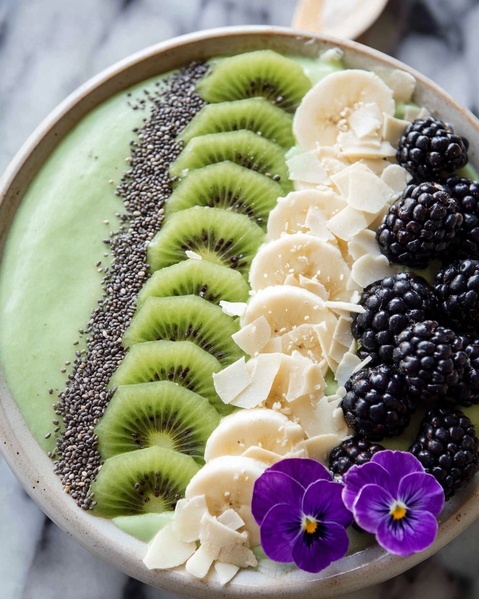 A white bowl holds a smoothie base of smooth light green color. On top, there are five slices of bright green kiwi placed on the left side, followed by a line of small black chia seeds. Next to the chia seeds is a row of six creamy white banana slices. On the right side, there is a layer of thin, pale almond slices. At the top of the bowl, a cluster of shiny blackberries is arranged, with more blackberries at the bottom. Two vibrant purple edible flowers with yellow centers rest near the bottom edge. The background is a white marbled surface. Photo taken with an iphone --ar 4:5 --v 7