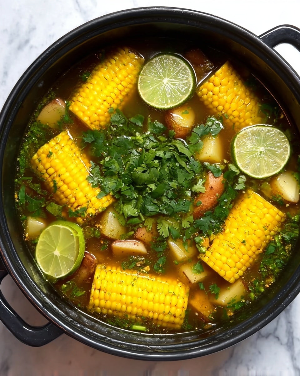 A black pot filled with a clear broth soup containing five bright yellow corn cob pieces placed evenly on top, surrounded by small potato chunks, green vegetable pieces, and bits of meat in the soup. Two lime slices float beside the corn on the upper right side. Fresh green cilantro leaves are sprinkled generously over the center of the soup. The pot sits on a white marbled surface. photo taken with an iphone --ar 4:5 --v 7