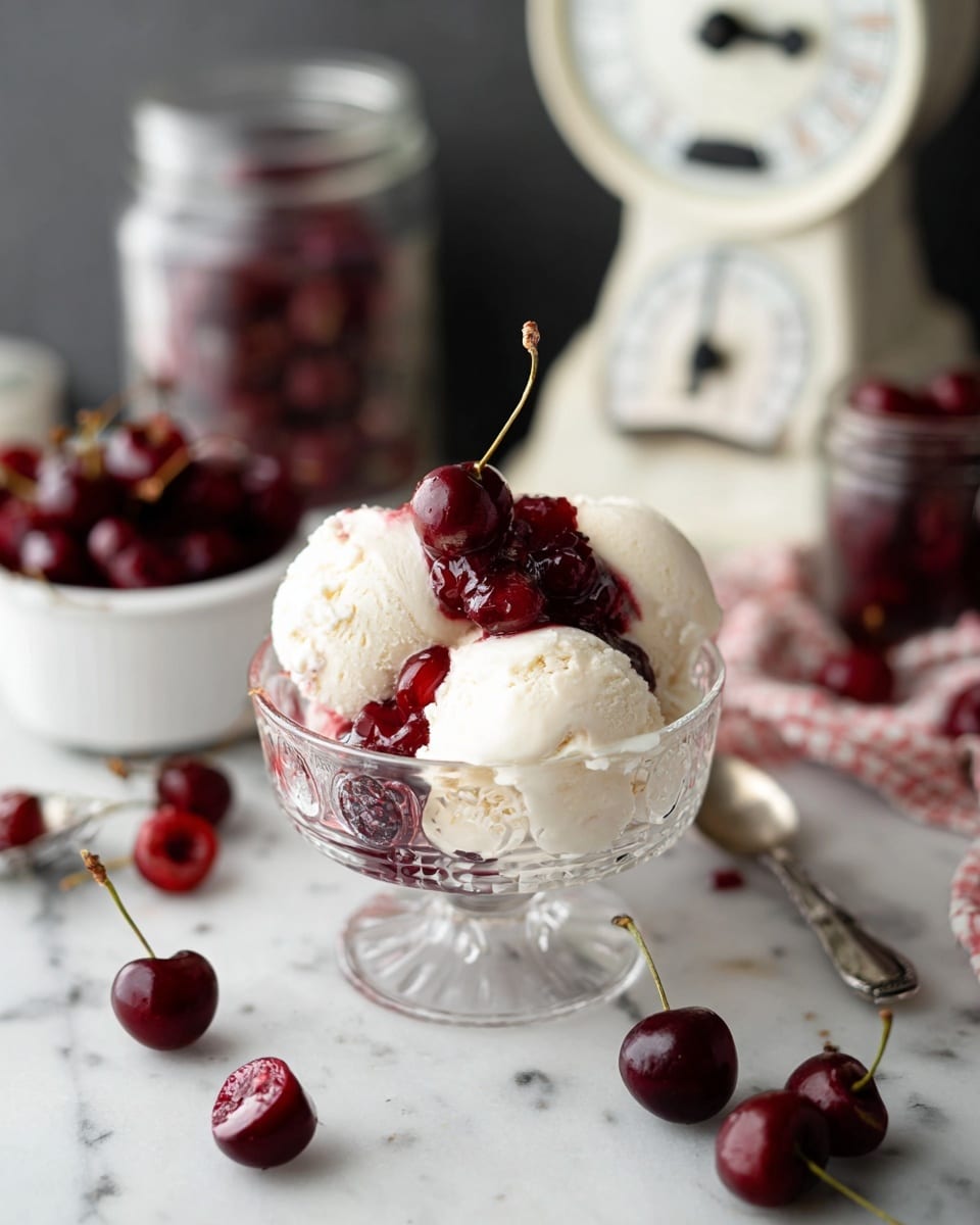 The image shows a white marbled surface with two clear glass jars in the center filled with dark red cherries and juice, one jar is round and the other is square. Around the jars, several loose cherries with stems are scattered. Behind the jars, to the right, there is a wooden cutting board with a small white bowl holding star-shaped brown spices, and a white vintage kitchen scale with bright red cherries piled on its tray. To the left, there is a white bowl full of red cherries and a gray cloth. The background is soft-focused dark gray. photo taken with an iphone --ar 4:5 --v 7