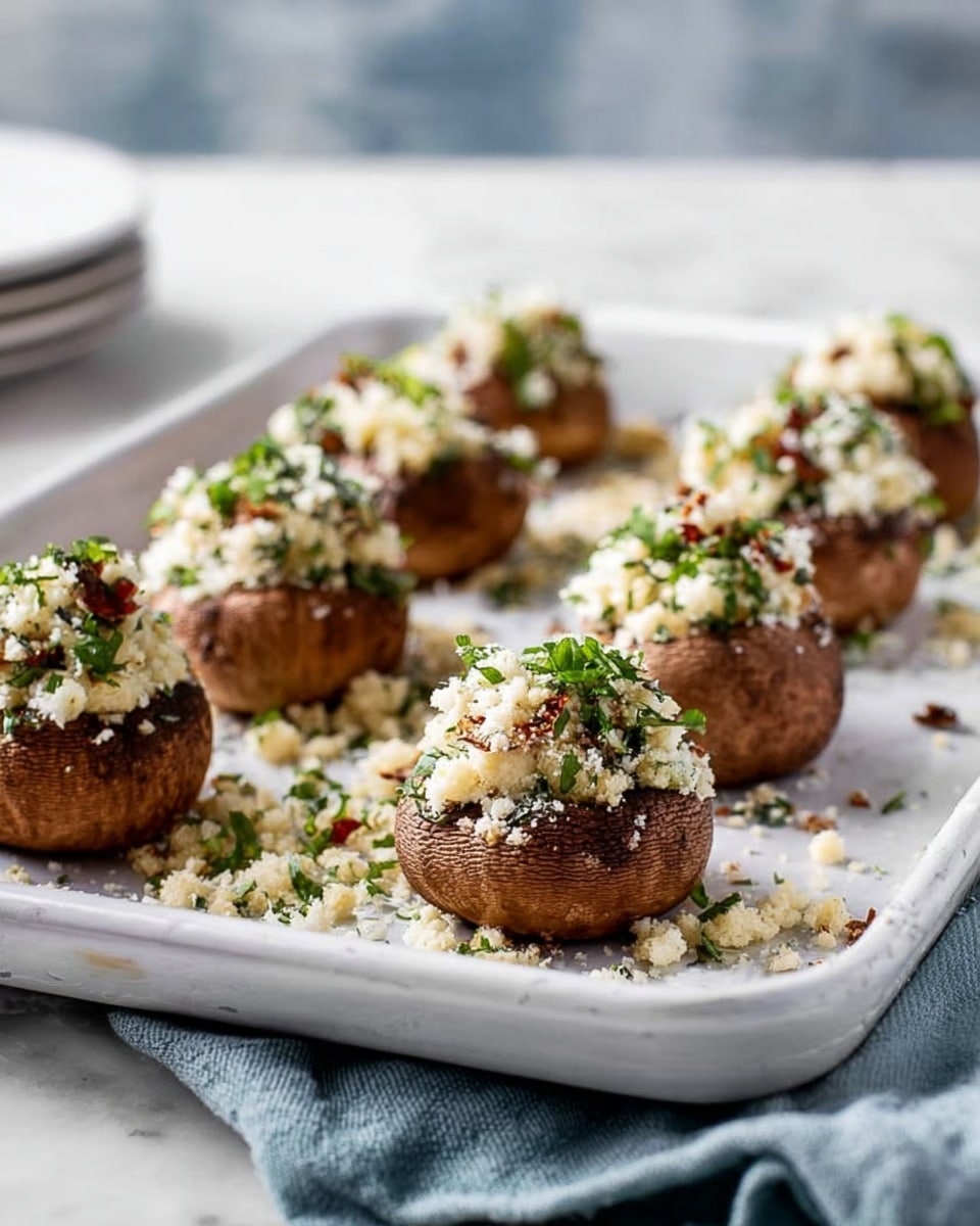 The image shows a white marbled surface with a group of small stuffed mushrooms arranged closely. Each mushroom has three visible layers: a dark brown mushroom base with a smooth texture, a creamy white filling layer that appears soft and slightly glossy, and a golden crumb topping mixed with red bits and scattered green herb pieces, likely parsley. Some mushrooms are topped directly with flat parsley leaves for garnish. Around the mushrooms are bright yellow lemon wedges placed casually, and a piece of light beige cloth is visible on one side. The scene is bright and fresh, with soft natural lighting. Photo taken with an iphone --ar 4:5 --v 7