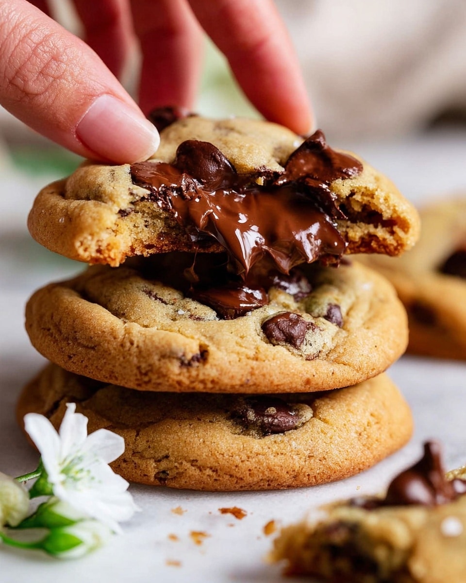 The image shows several round, golden-brown chocolate chip cookies with a slightly soft texture. Each cookie has many dark brown chocolate pieces scattered on top, some melting slightly. One cookie in the front has a bite taken out, revealing a rich, melty chocolate inside. The cookies are placed on white parchment paper with some white flowers and dark green leaves around them. The background has a white marbled texture. photo taken with an iphone --ar 4:5 --v 7
