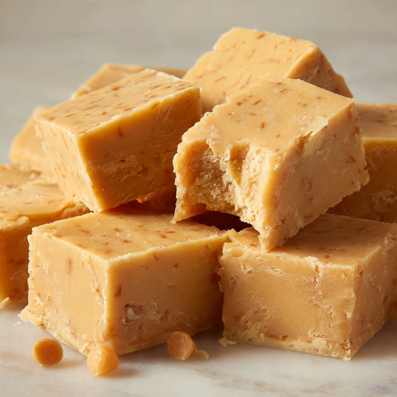 A close-up of four thick rectangular bars stacked vertically, each bar light brown with a smooth but slightly crumbly texture, the top bar showing small bite marks on the top edge. Around the stacked bars, there are more pieces of the same texture scattered, along with several small dollops of creamy light brown spread arranged in the foreground on a white marbled surface. The background is soft beige, softly blurred, focusing attention on the stacked and scattered bars. photo taken with an iphone --ar 4:5 --v 7