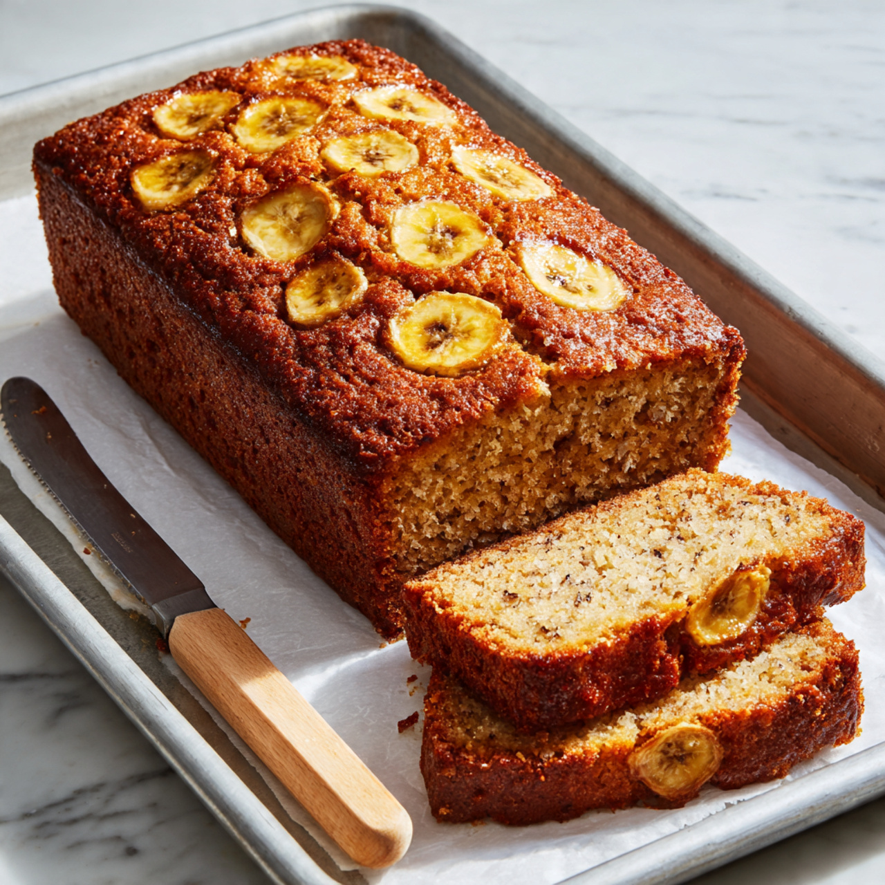 A rectangular loaf cake sits on a piece of white parchment paper over a white marbled surface. The top layer is golden brown and slightly cracked, with slices of browned banana embedded and visible, giving a mix of light yellow and caramelized dark spots. The texture looks soft but firm, with a bit of a crust on top. A large knife with a wooden handle lies next to the cake, partially on the parchment paper, with some crumbs scattered around. The overall feel is rustic and inviting. photo taken with an iphone --ar 4:5 --v 7