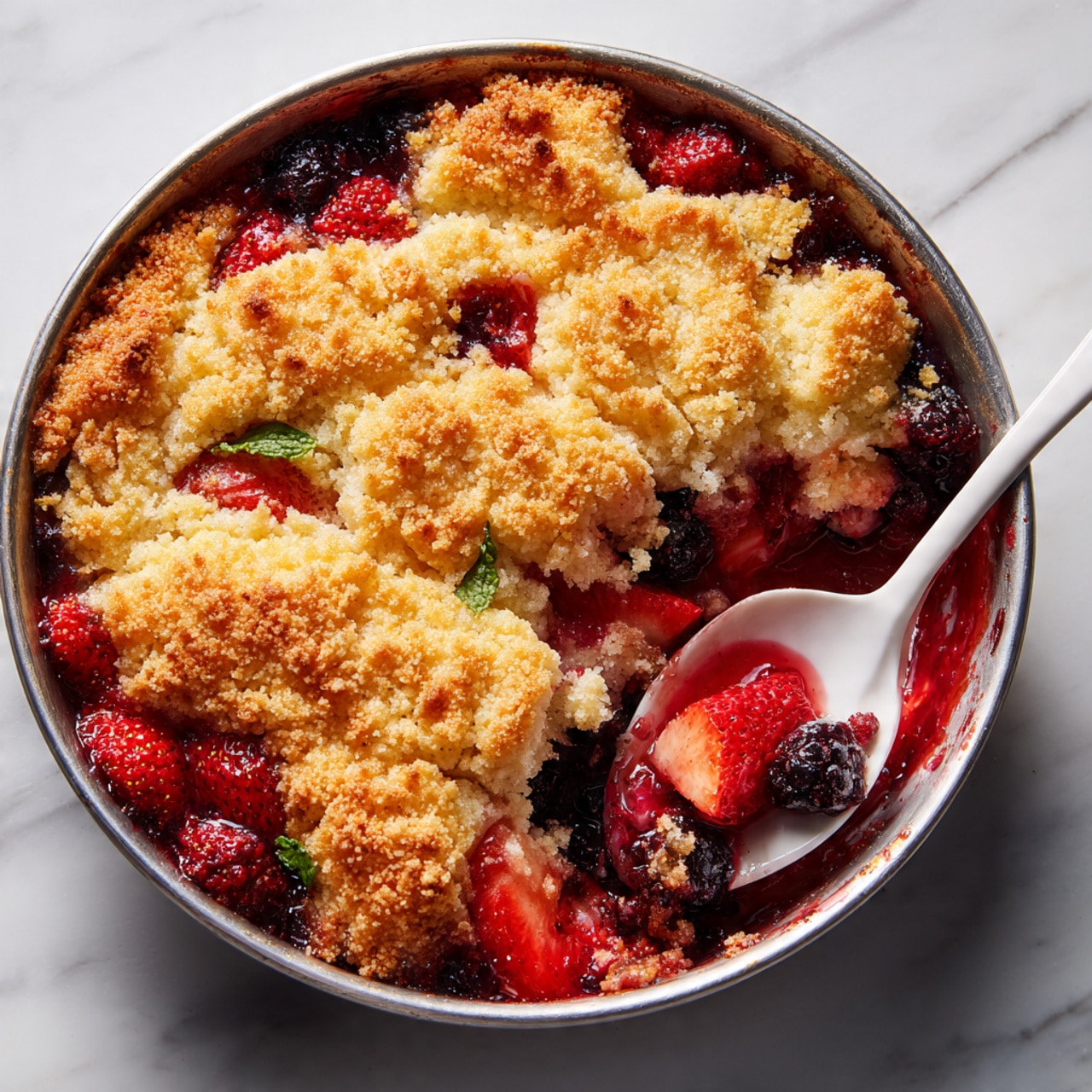 A round metal pan filled with a fruit cobbler showcasing a golden-brown, crumbly crust broken into irregular large pieces on top. Beneath the crust, there is a bright red mixed berry fruit filling with a glossy texture and small whole berries visible. The fruit layer peeks through some gaps in the crust, especially at the front where a white spoon scoops out a portion, revealing juicy red fruit mixed with small green mint leaves. The pan is placed on a white marbled surface. photo taken with an iphone --ar 4:5 --v 7