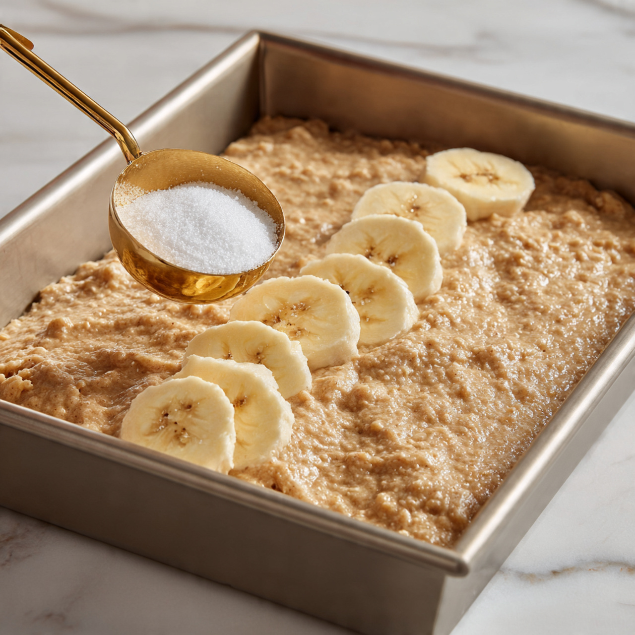 A rectangular metal baking pan filled with thick, light brown batter that has a rough, chunky texture. On top of the batter, there are several slices of banana, pale yellow with spots of light brown, spread unevenly. On the right side, a layer of white granulated sugar is being sprinkled over the bananas using a small gold-colored measuring spoon. The background shows a white marbled surface. The scene is well lit from above, highlighting the textures and colors of the batter and toppings. Photo taken with an iphone --ar 4:5 --v 7