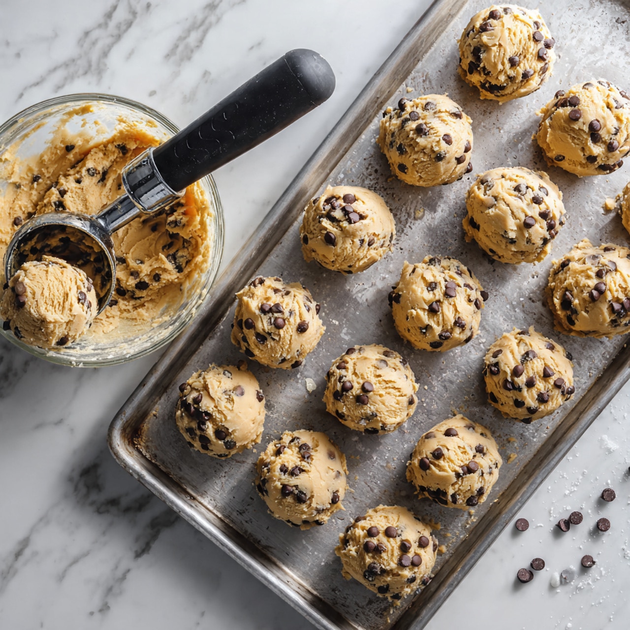 On a large metal baking tray, there are fifteen small mounds of raw dough with chocolate chips scattered throughout, arranged in spaced rows. To the left of the tray, there is a clear glass bowl with more dough inside and a black-handled ice cream scooper resting inside the bowl, coated with dough. The background surface is white with a marbled texture. photo taken with an iphone --ar 4:5 --v 7