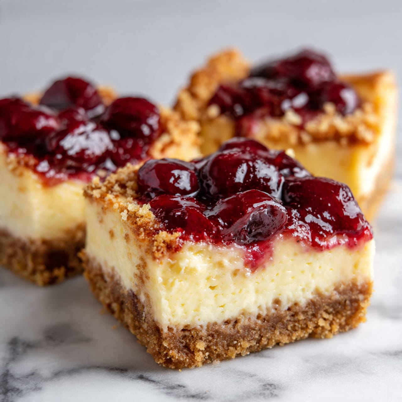 A square baking pan lined with light brown parchment paper holds a thick white layer of smooth batter spread evenly across the bottom. On top of this white layer, there are scattered dollops and thin streaks of dark red berry sauce, creating a random pattern with a glossy texture. The pan sits on a white marbled surface. photo taken with an iphone --ar 4:5 --v 7