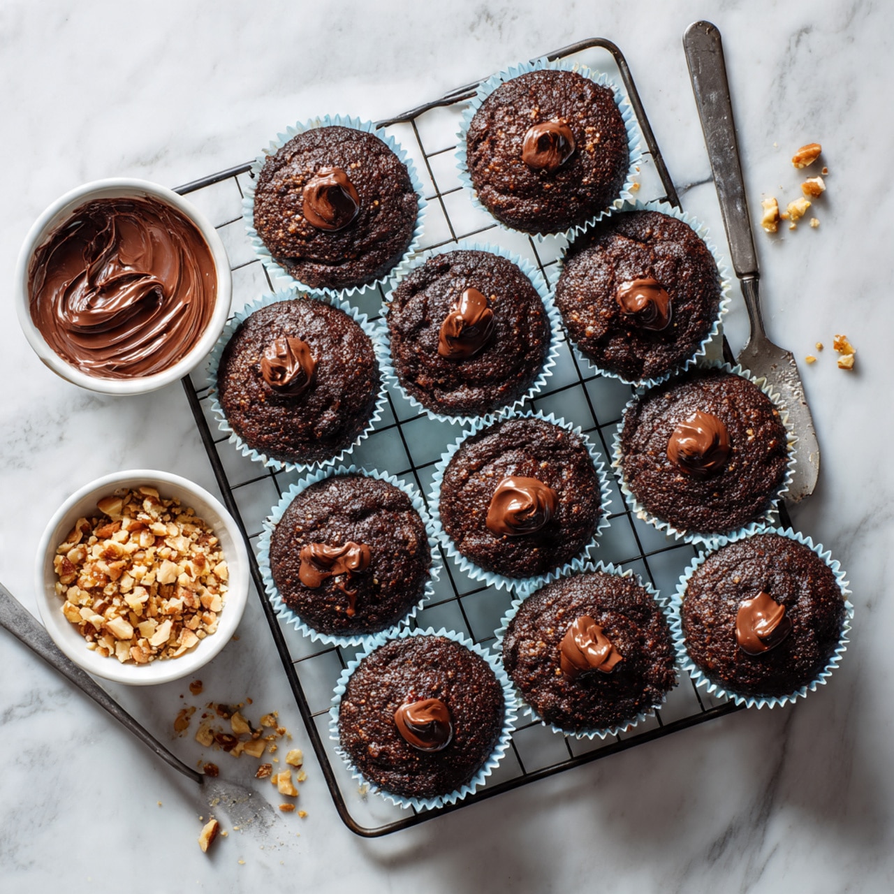 The image shows a black metal cooling rack on a white marbled surface holding eleven dark chocolate muffins in light blue paper liners. Each muffin has a small dollop of melted chocolate on top, creating a shiny, smooth spot contrasting with the rough, crumbly texture of the muffin tops. Two small white bowls sit on the rack—one filled with chopped nuts and the other with a thick layer of spreadable chocolate, partially covered by a silver spreading knife that rests across its edge. The arrangement is neat yet casual, with a few nut pieces scattered near the bowl. Photo taken with an iphone --ar 4:5 --v 7