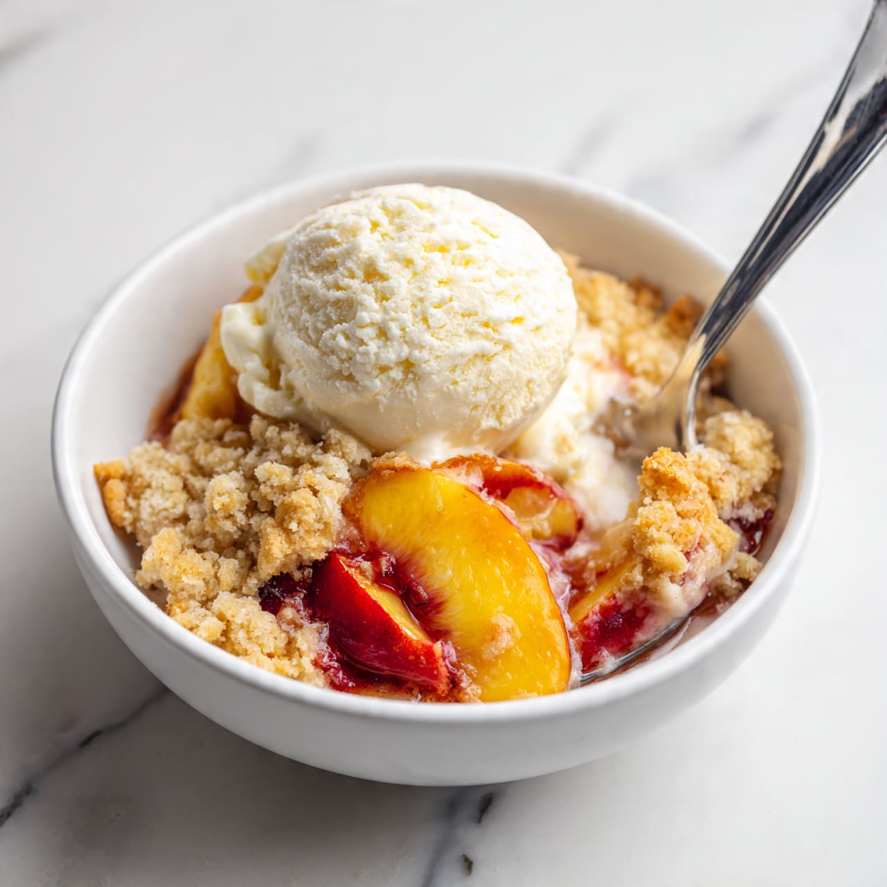 A white rectangular baking dish filled with a peach cobbler showing a golden, crumbly crust broken in places to reveal soft peach slices glowing with a rich reddish-orange color underneath. Two scoops of creamy white vanilla ice cream sit on top of the crust, slightly melting and spreading around them. A silver spoon with some cobbler on it rests inside the dish, near the bottom right corner. The dish is placed on a white marbled background. photo taken with an iphone --ar 4:5 --v 7