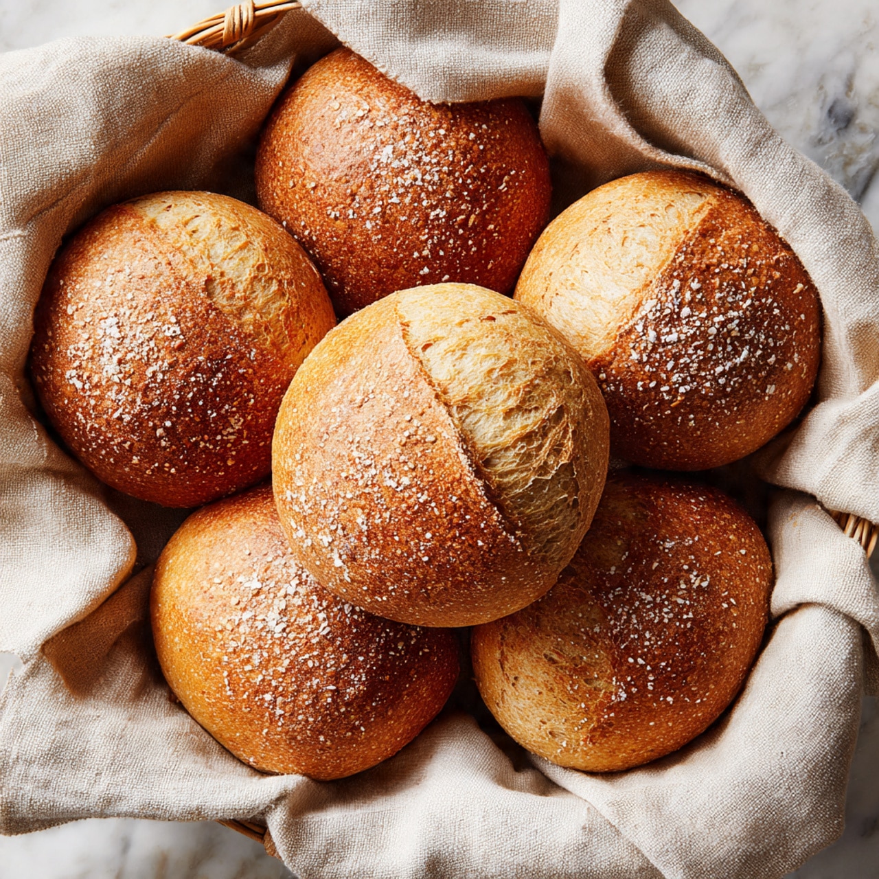 A pile of rustic bread pieces scattered closely on a white marbled surface, showing rough, crunchy golden-brown crusts with a light dusting of flour and soft pale cream interiors filled with many air pockets of different sizes. The bread parts vary in shape, mostly oval with uneven edges, and are layered on top of each other in natural, casual piles. The texture looks airy and fresh, with a mix of smooth and bumpy crust details that catch warm light softly. Photo taken with an iphone --ar 4:5 --v 7