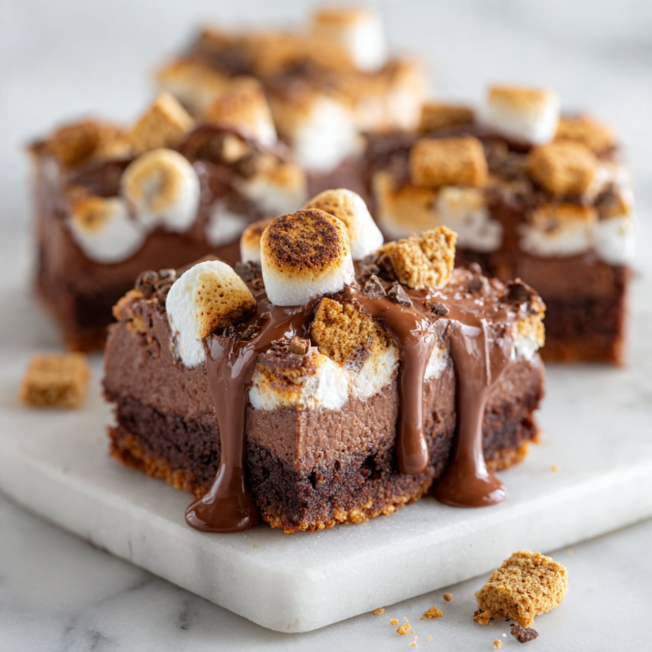 The image shows a square baking pan lined with parchment paper holding a freshly baked dessert with a textured surface. The dessert has a base layer of golden-brown cake or brownie, topped with unevenly spread marshmallow pieces that appear soft and slightly toasted, creating a white and tan marbled effect. Scattered across the top are broken light-brown cookie chunks and dark chocolate chips, adding contrast with their darker brown and shiny round shapes. The dessert looks warm with a mix of soft and crunchy textures, all placed on a white marbled surface. Photo taken with an iphone --ar 4:5 --v 7