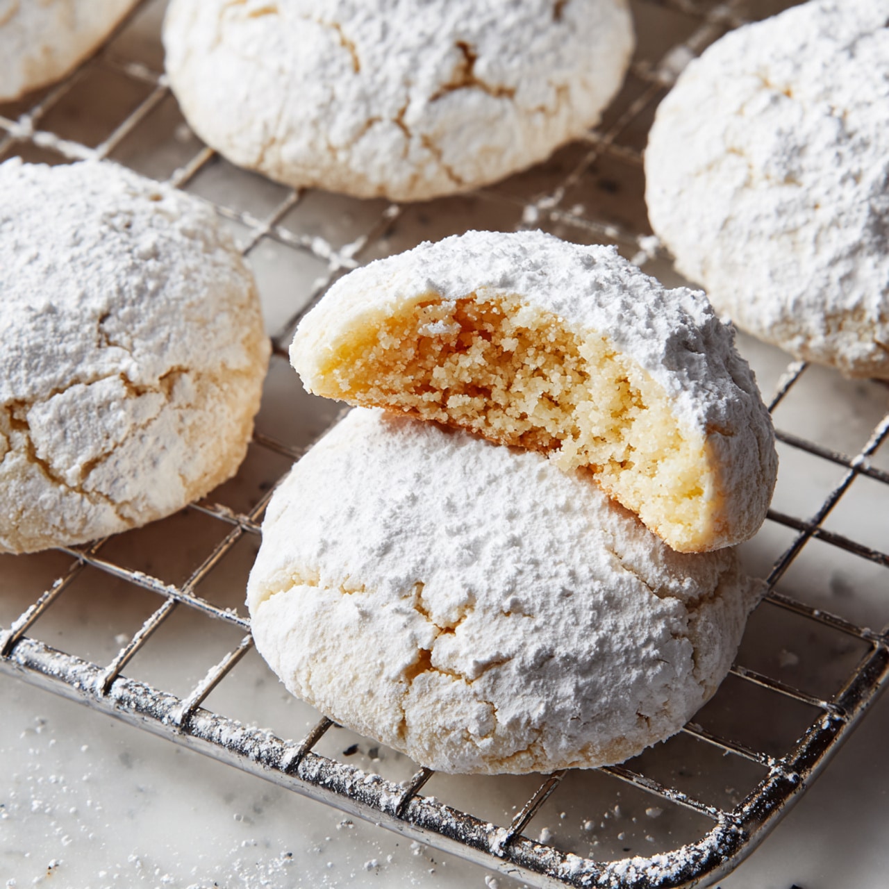 The image shows six baking ingredients arranged on a white marbled surface. In the bottom right, there is a clear glass measuring cup filled with white flour. To the left of it, a white bowl holds light brown chopped nuts with a rough texture. Above the nuts, two silver wrapped sticks of butter lie side by side. On the top right, a small white bowl contains a dark brown liquid, likely vanilla extract. Below it, a tiny white dish holds some white granules, possibly salt. To the left of this, a small white cup is filled with powdery white baking ingredient, likely baking powder. The colors range from white and light brown to dark brown, with smooth and textured surfaces. photo taken with an iphone --ar 4:5 --v 7