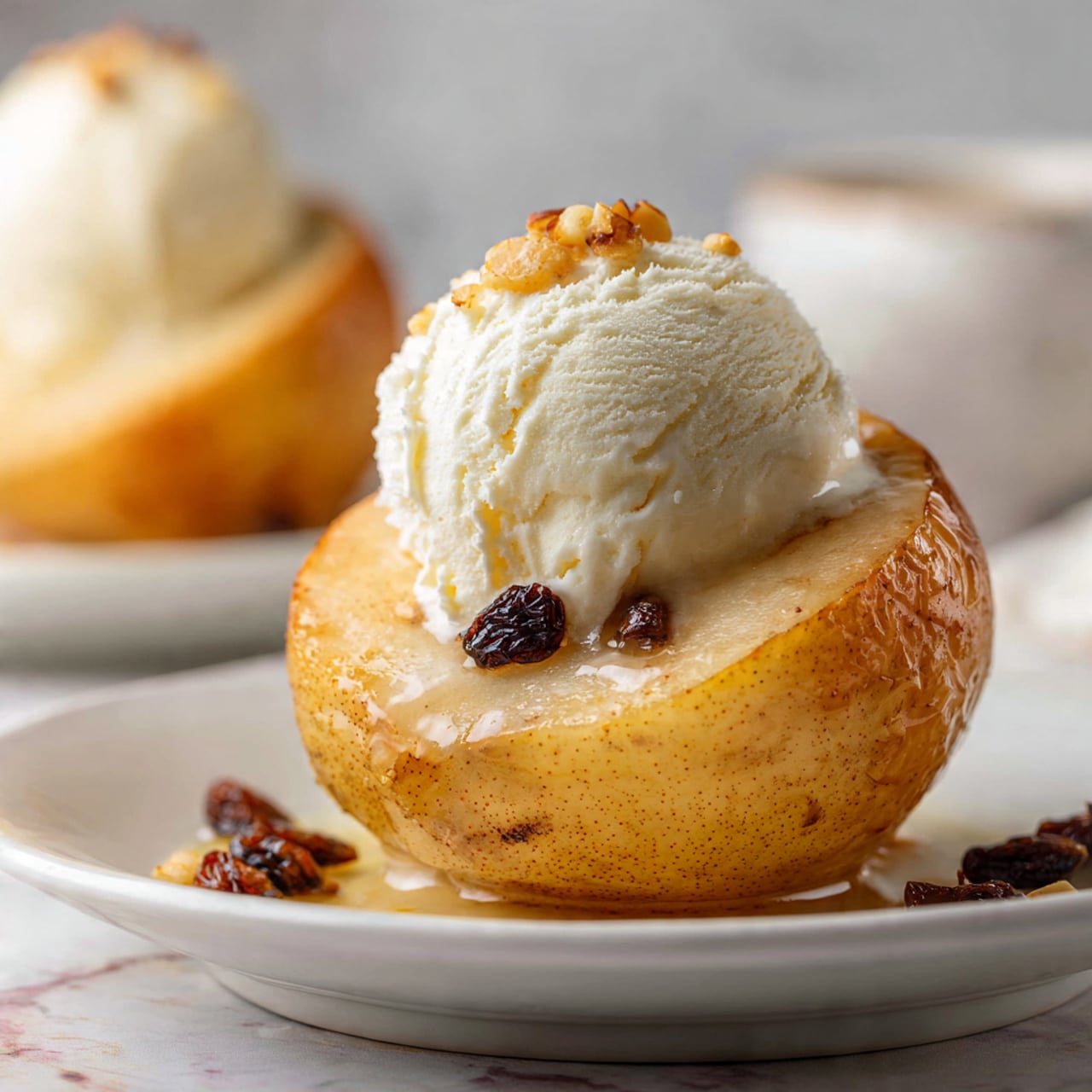 A dessert featuring a halved baked apple with a dark golden-brown skin sits on a white plate over a white marbled surface. The apple's inside is soft and yellowish, visible where the apple is opened. On top of the apple sits a smooth, white scoop of vanilla ice cream that is slightly melting and dripping down the side. Small dark bits, possibly raisins or similar, are scattered on the apple near the ice cream, adding texture contrast. In the blurred background is a second plate with the same dessert, creating depth. Photo taken with an iphone --ar 4:5 --v 7