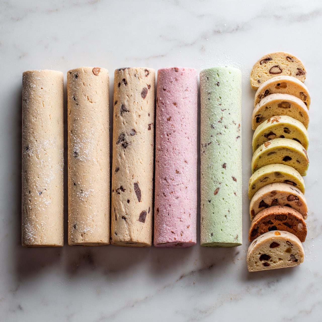 A white plate holds six cookies arranged in a circular pattern on a white marbled surface with a striped cloth underneath. Starting from the top left, one cookie is half-covered in dark brown chocolate with orange caramel in the middle and topped with small nut pieces. Next to it is a pink cookie with white icing drizzled in thin lines across the top. Below that is a cookie dipped halfway in dark brown chocolate with chopped nuts on top and caramel in the middle. At the bottom right is a plain light brown round cookie with a coarse texture and nut pieces. In the center is a round cookie drizzled with dark brown and white icing in thin stripes, with dark bits inside the cookie dough. On the bottom left is a green cookie with chocolate chunks, half dipped in dark brown chocolate with a bite taken out. A pink cup with brown coffee is at the top left corner. photo taken with an iphone --ar 4:5 --v 7